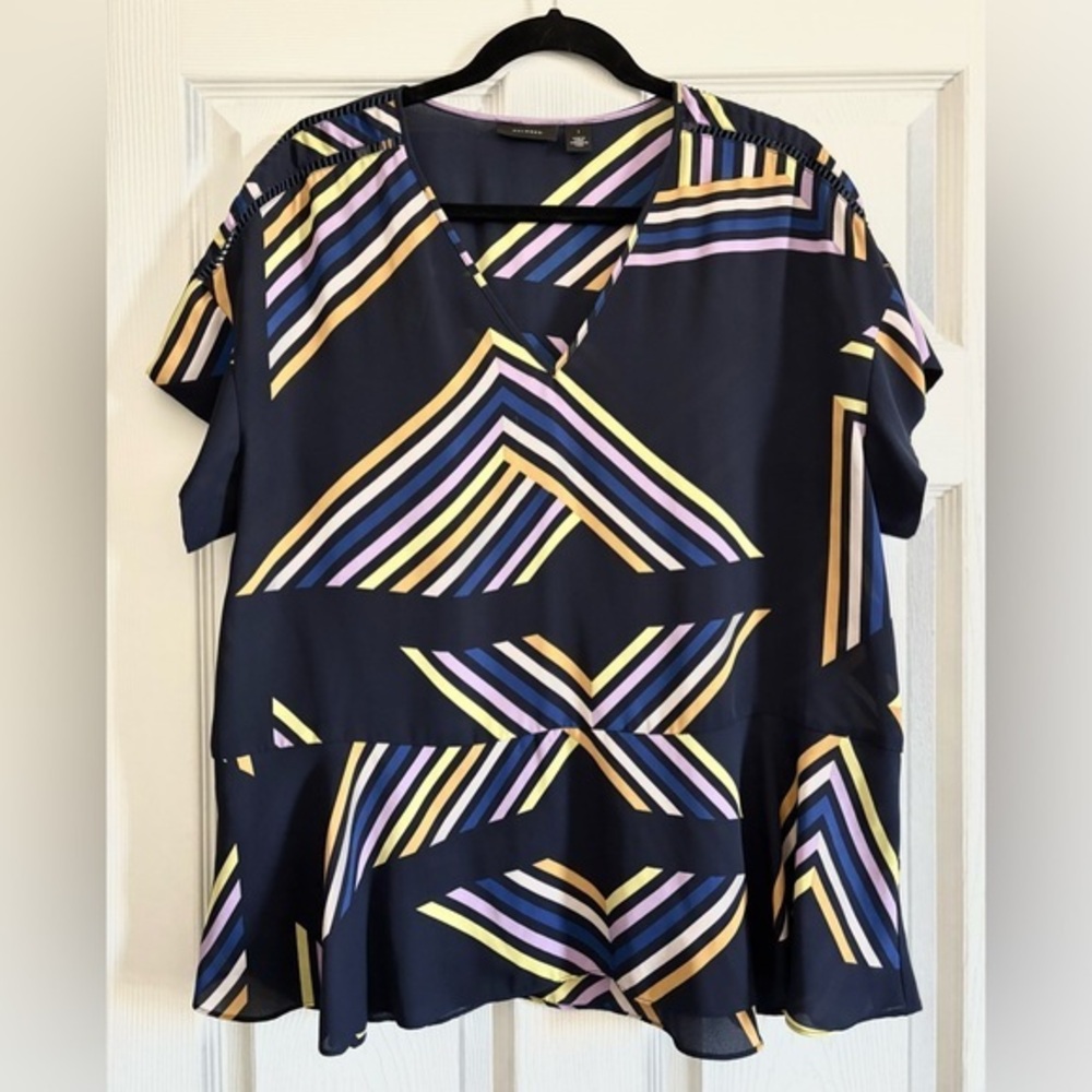 Halogen Navy Blue with Multicolor Geometric Design Blouse - Picture 1 of 4